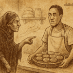 Parchment-style illustration of Chanda offering honey cakes to stern old woman; Zambian folktale from Zambezi River.