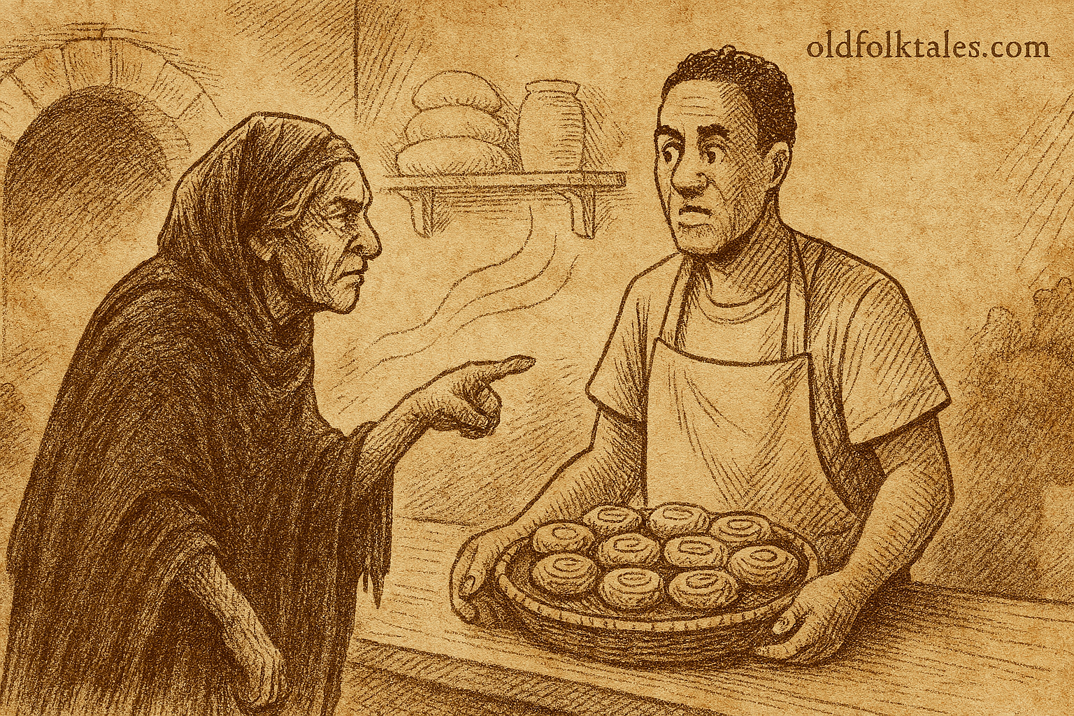 Parchment-style illustration of Chanda offering honey cakes to stern old woman; Zambian folktale from Zambezi River.