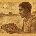 Parchment-style illustration of Luyando playing kalimba as River Spirit rises; Zambian folktale from Luapula River.