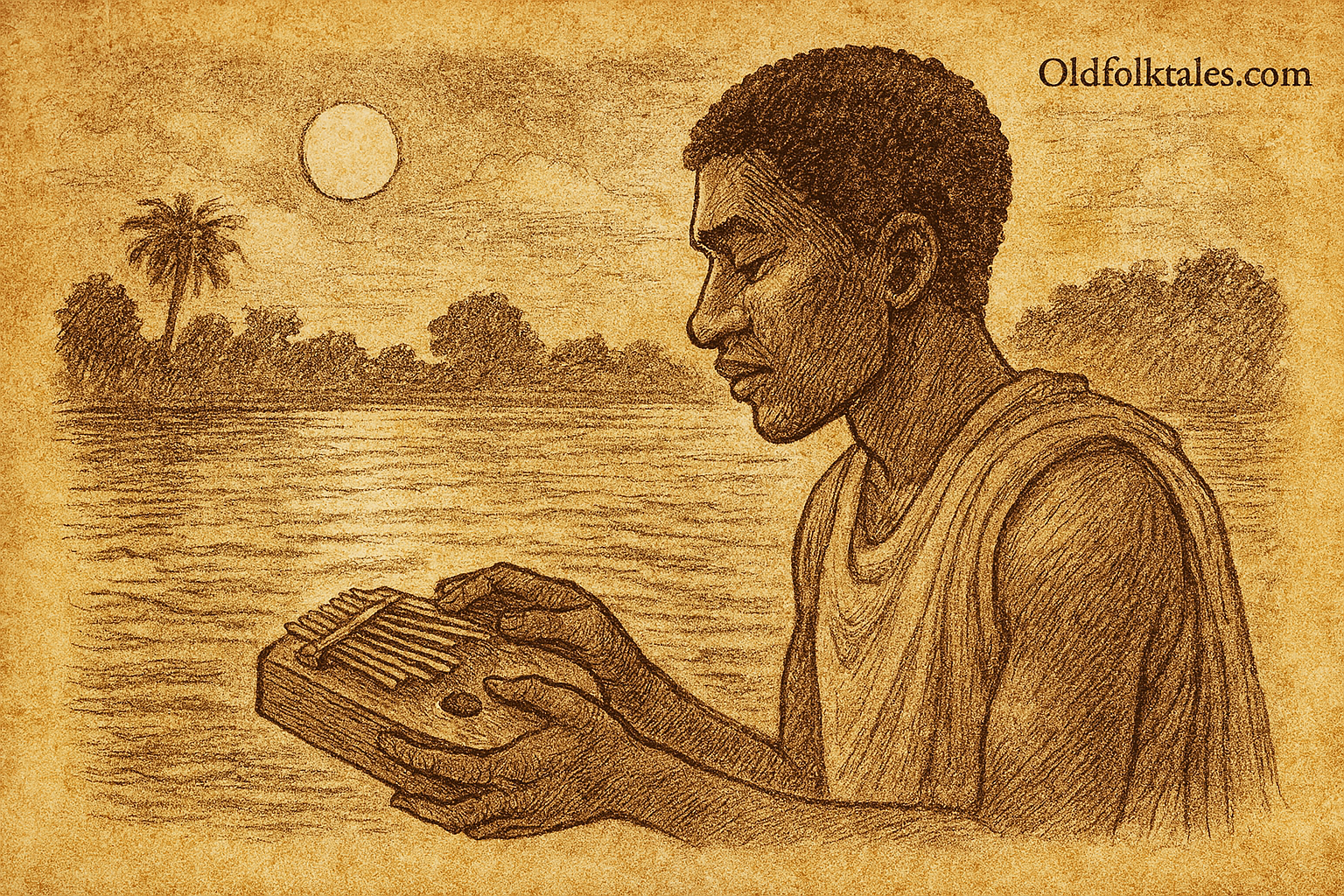Luyando and the River Spirit | FolktalesAfrica.com Parchment-style illustration of Luyando playing kalimba as River Spirit rises; Zambian folktale from Luapula River.