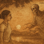 Parchment-style illustration of Savitri confronting Spirit of Death under tree; Zambian folktale of love and courage.