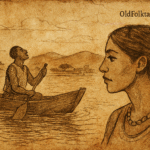 Parchment-style illustration of Nyakana watching Kaweesi sing from canoe on Lake Victoria; Ugandan folktale of love.