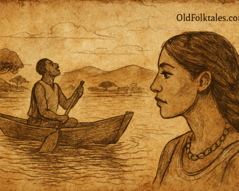 Parchment-style illustration of Nyakana watching Kaweesi sing from canoe on Lake Victoria; Ugandan folktale of love.