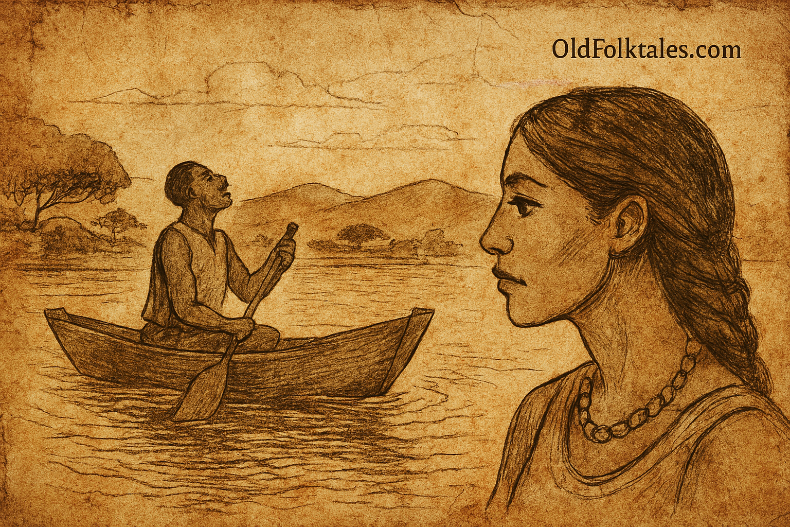 Parchment-style illustration of Nyakana watching Kaweesi sing from canoe on Lake Victoria; Ugandan folktale of love.
