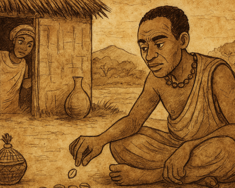 Parchment-style illustration of Kato casting cowrie shells as woman watches; Ugandan folktale from Buganda Kingdom.