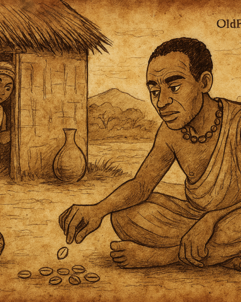 Parchment-style illustration of Kato casting cowrie shells as woman watches; Ugandan folktale from Buganda Kingdom.
