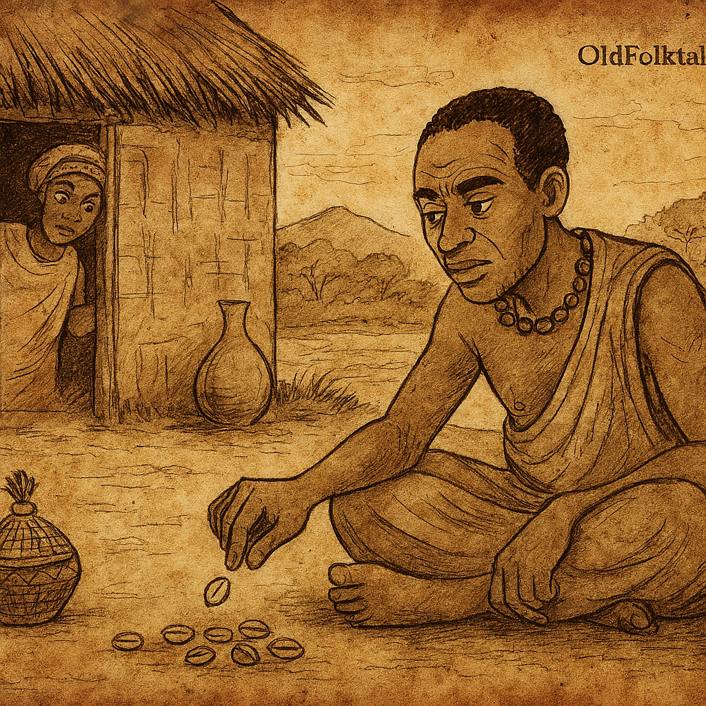 Parchment-style illustration of Kato casting cowrie shells as woman watches; Ugandan folktale from Buganda Kingdom.