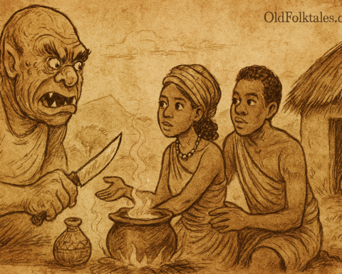 Parchment-style illustration of ogre handing knife to Master Girl as Kintu watches; Buganda folktale from Uganda.
