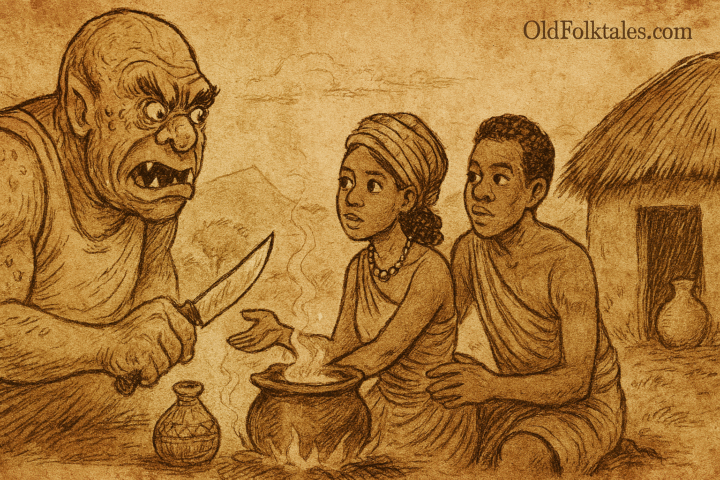 Parchment-style illustration of ogre handing knife to Master Girl as Kintu watches; Buganda folktale from Uganda.