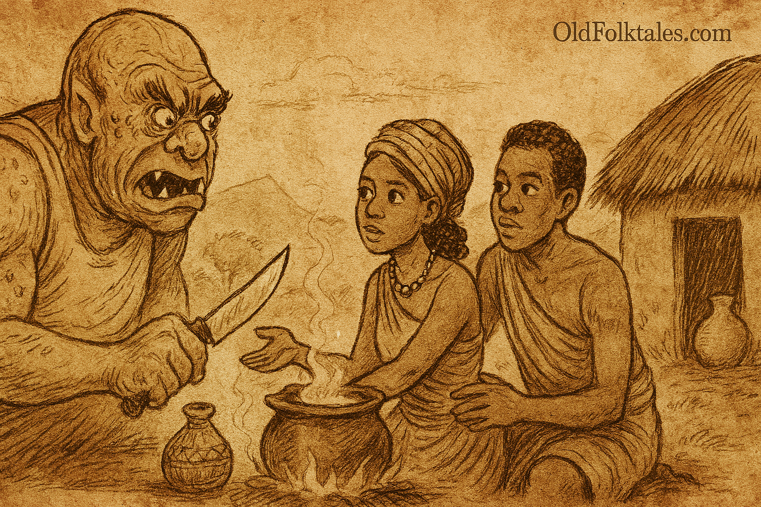Parchment-style illustration of ogre handing knife to Master Girl as Kintu watches; Buganda folktale from Uganda.