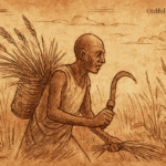 Parchment-style illustration of Mugisha cutting elephant grass with curved blade; Ugandan folktale from Buganda region.