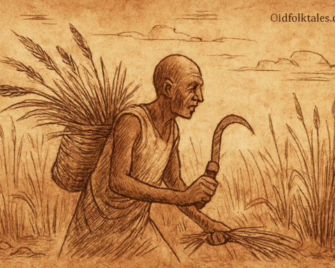 Parchment-style illustration of Mugisha cutting elephant grass with curved blade; Ugandan folktale from Buganda region.