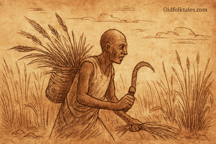 Parchment-style illustration of Mugisha cutting elephant grass with curved blade; Ugandan folktale from Buganda region.