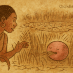 Parchment-style illustration of Tik watching strange pink creature eat grass; Dinka folktale from South Sudan.