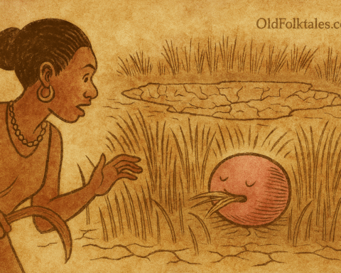 Parchment-style illustration of Tik watching strange pink creature eat grass; Dinka folktale from South Sudan.