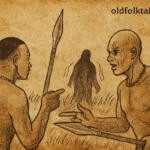 Parchment-style illustration of two warriors arguing as Jok approaches; Dinka folktale from South Sudan.