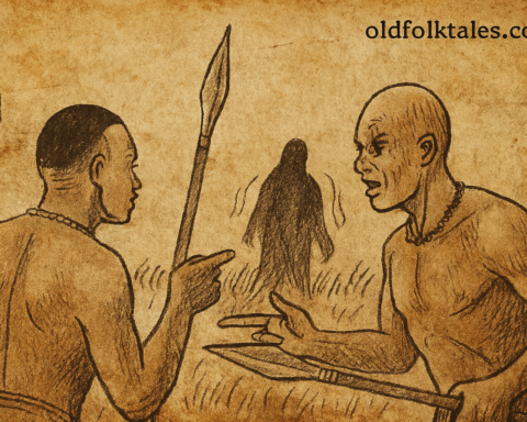 Parchment-style illustration of two warriors arguing as Jok approaches; Dinka folktale from South Sudan.
