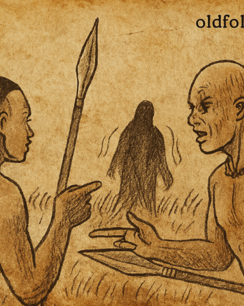 Parchment-style illustration of two warriors arguing as Jok approaches; Dinka folktale from South Sudan.