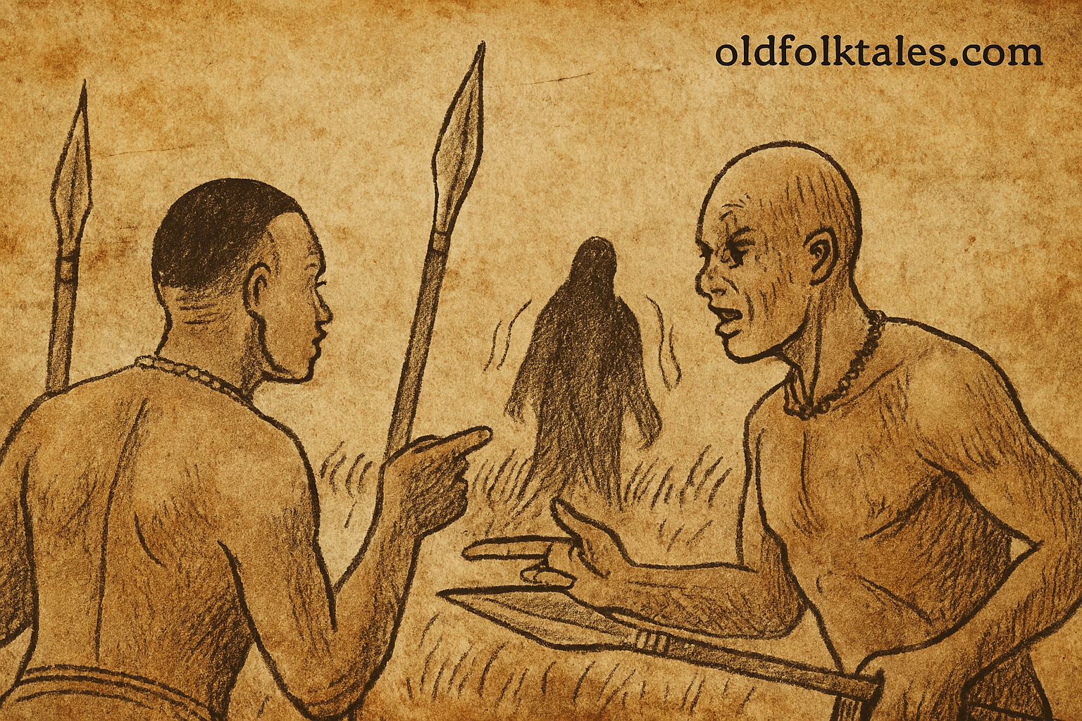 Parchment-style illustration of two warriors arguing as Jok approaches; Dinka folktale from South Sudan.