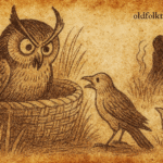 Parchment-style illustration of owl threatening Adöl at nest entrance; Dinka folktale from South Sudan.