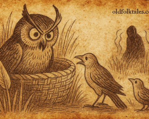 Parchment-style illustration of owl threatening Adöl at nest entrance; Dinka folktale from South Sudan.