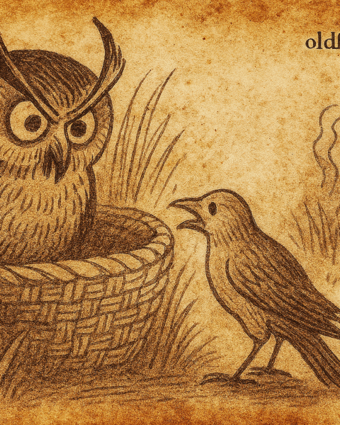 Parchment-style illustration of owl threatening Adöl at nest entrance; Dinka folktale from South Sudan.