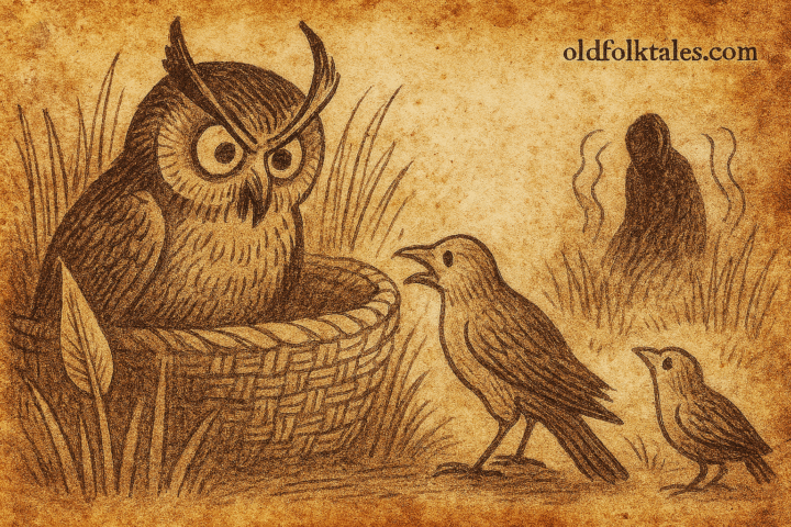 Parchment-style illustration of owl threatening Adöl at nest entrance; Dinka folktale from South Sudan.