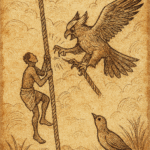 Parchment-style illustration of Atoc tearing divine rope from sky; Dinka folktale of death’s origin, South Sudan.