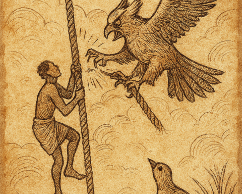 Parchment-style illustration of Atoc tearing divine rope from sky; Dinka folktale of death’s origin, South Sudan.