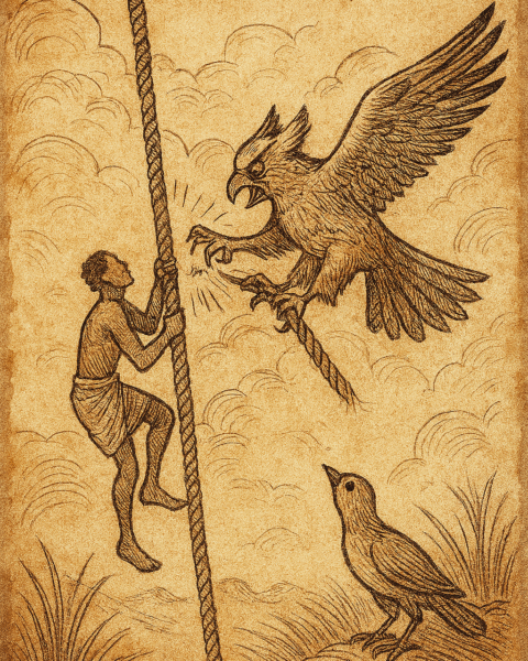 Parchment-style illustration of Atoc tearing divine rope from sky; Dinka folktale of death’s origin, South Sudan.