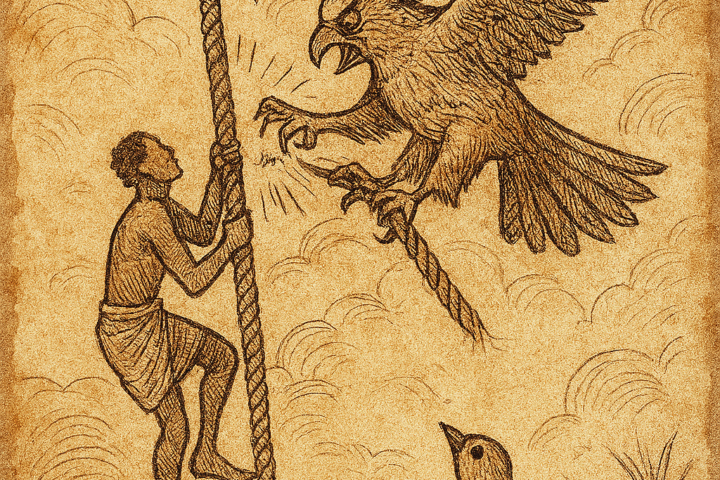 Parchment-style illustration of Atoc tearing divine rope from sky; Dinka folktale of death’s origin, South Sudan.