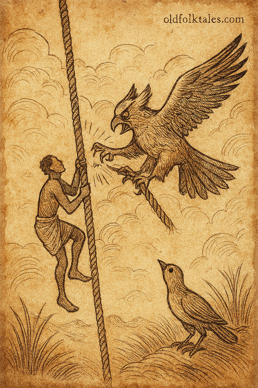 Parchment-style illustration of Atoc tearing divine rope from sky; Dinka folktale of death’s origin, South Sudan.