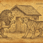 Parchment-style illustration of lion and tigress confronting each other at jungle house; African folktale of wit and survival.