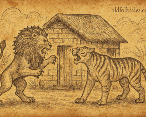 Parchment-style illustration of lion and tigress confronting each other at jungle house; African folktale of wit and survival.