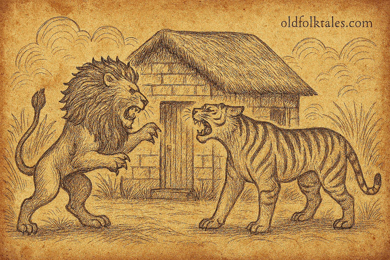 Parchment-style illustration of lion and tigress confronting each other at jungle house; African folktale of wit and survival.