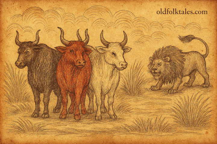 Parchment-style illustration of three oxen standing united as lion watches; Somali folktale of strength and division.