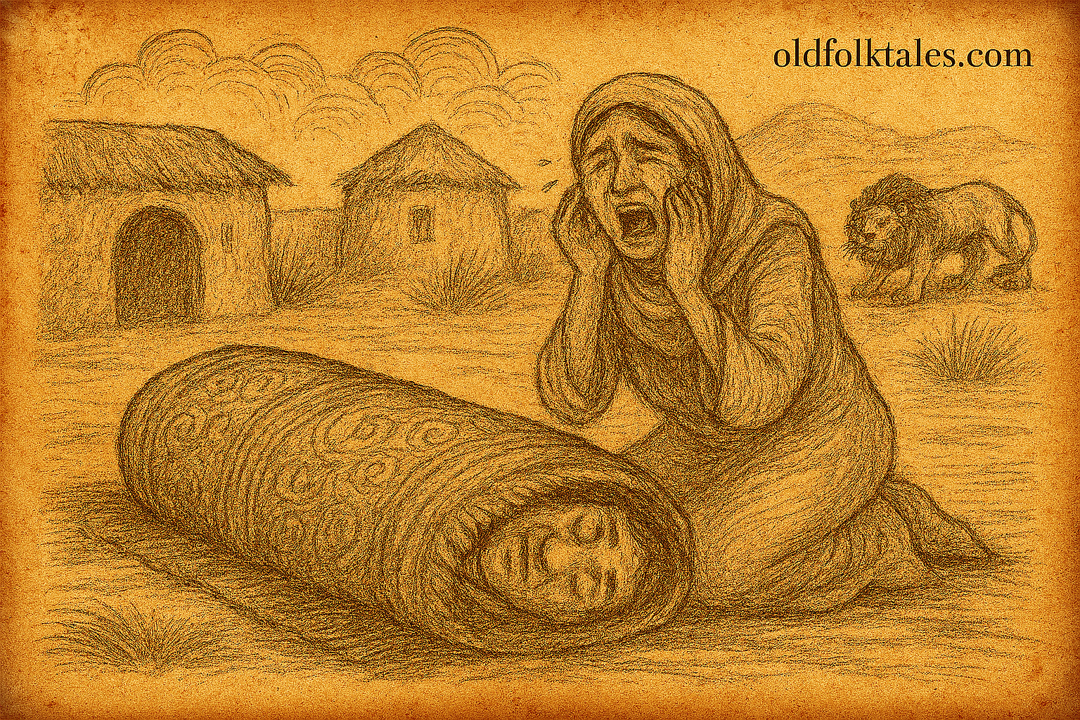 Parchment-style illustration of Igal Shidal rolled in rug as wife cries; Somali folktale of cowardice and survival.