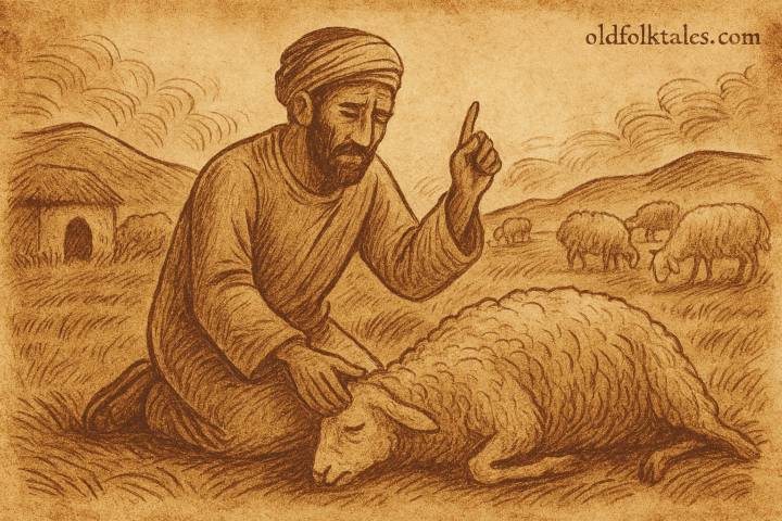 Parchment-style illustration of Ina Hagadare praying between two sheep flocks; Somali folktale of faith and frustration.