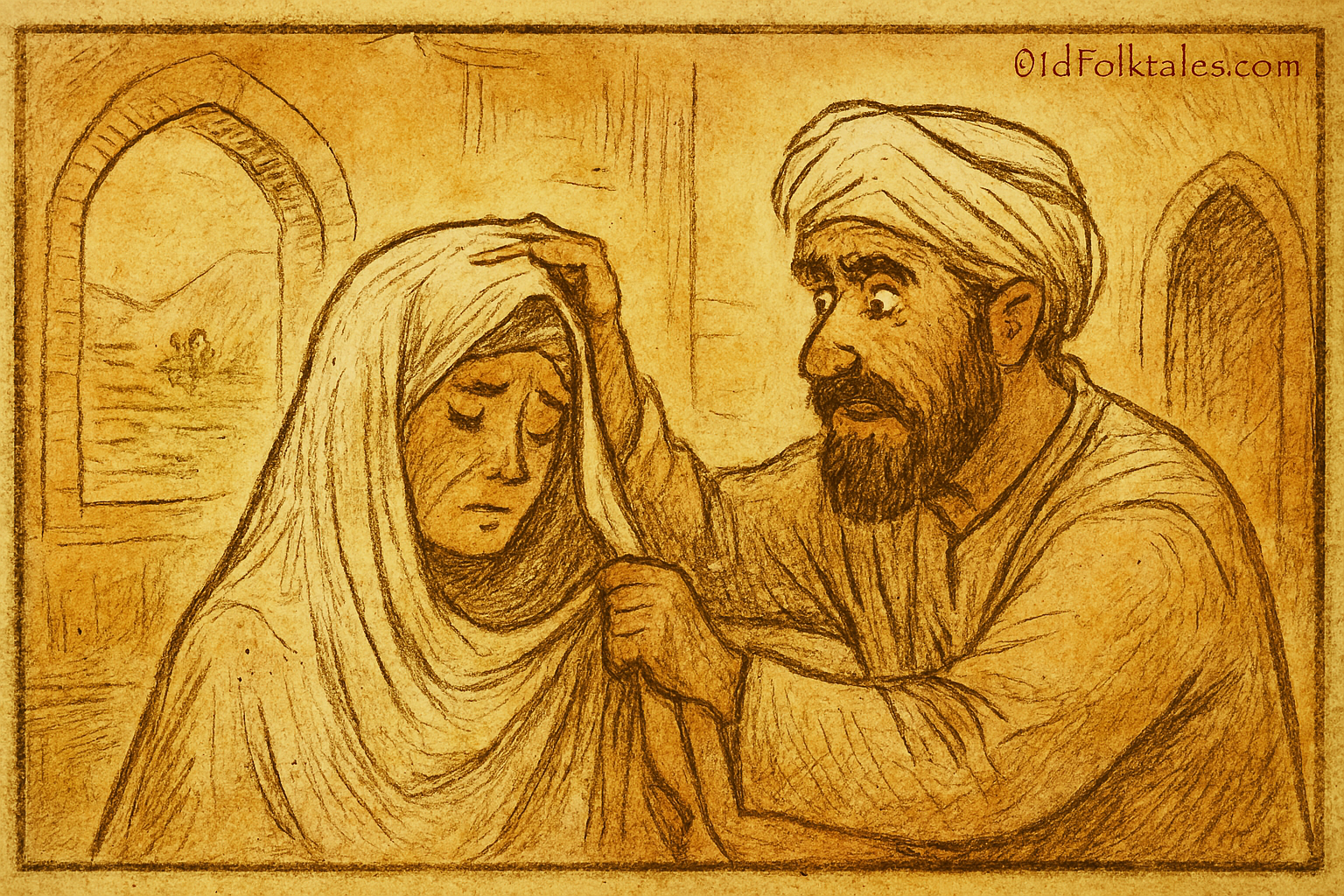 Parchment-style illustration of Osman unveiling bride in palace; Somali folktale of pride and clever deception.