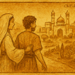 Parchment-style illustration of princess and beloved at city gates; Somali folktale of wisdom and partnership.