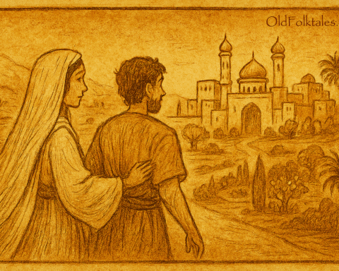 Parchment-style illustration of princess and beloved at city gates; Somali folktale of wisdom and partnership.