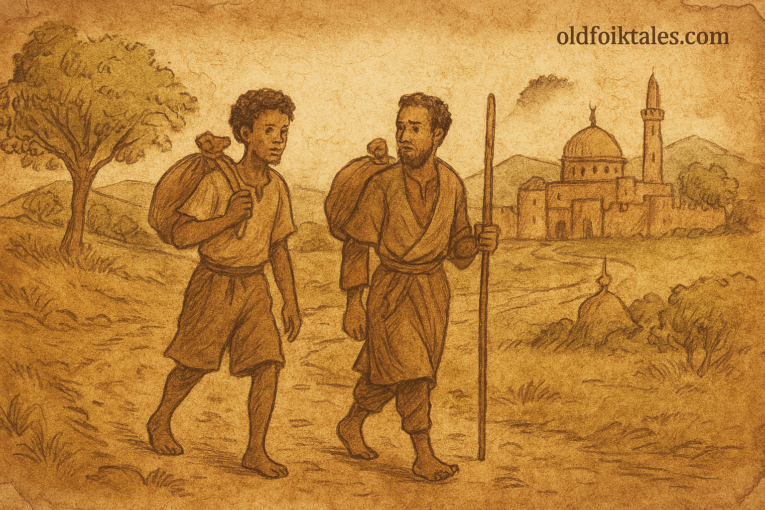 The power of education | FolktalesAfrica.com Parchment-style Somali folktale illustration of two cousins journeying through desert town toward Islamic school.