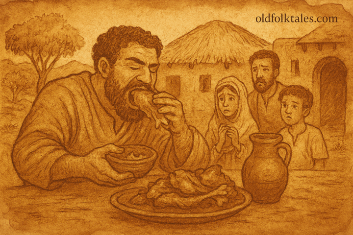Parchment-style Somali folktale illustration of greedy traveler eating alone while shocked family watches at twilight.