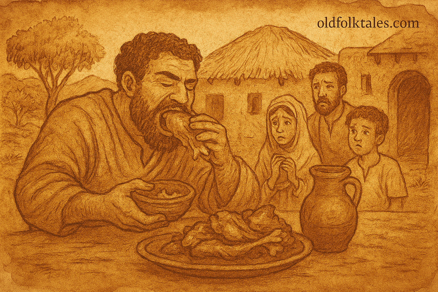 Parchment-style Somali folktale illustration of greedy traveler eating alone while shocked family watches at twilight.