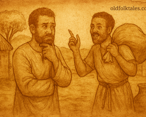 Parchment-style African folktale illustration of a foolish man revealing secrets to a cunning thief near a rural hut.