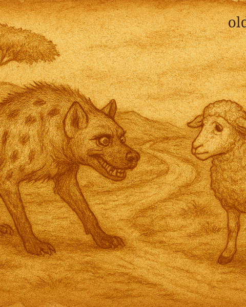 Parchment-style Somali folktale illustration of lost sheep meeting sly hyena on dusty savanna road.