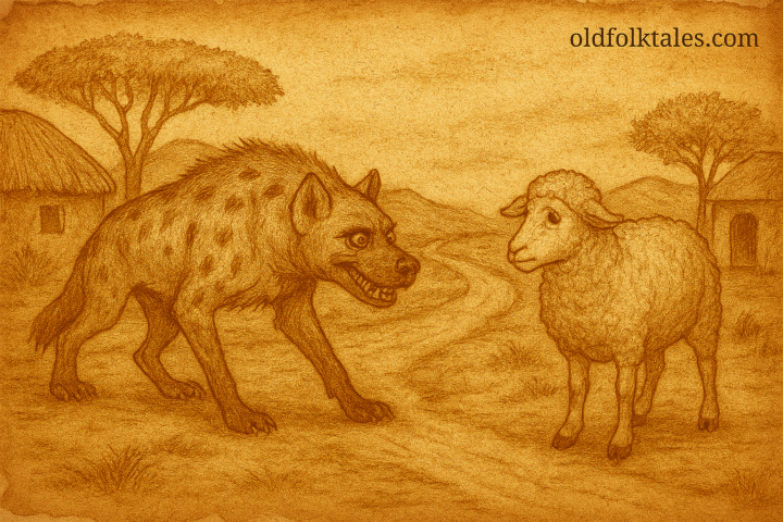 Parchment-style Somali folktale illustration of lost sheep meeting sly hyena on dusty savanna road.
