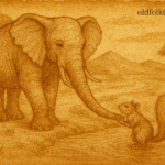 Parchment-style Somali folktale illustration of elephant placing squirrel in pond, unaware squirrel cannot swim.