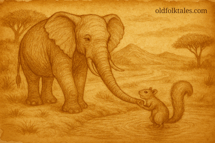 Parchment-style Somali folktale illustration of elephant placing squirrel in pond, unaware squirrel cannot swim.