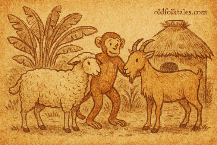 Parchment-style illustration of Somali goat, sheep, and monkey near banana-leaf house, fleeing snake at home.